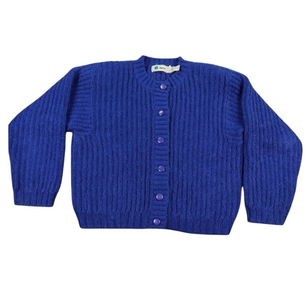 LL Bean Cardigan Sweater Womens S Royal Blue Mohair Cotton Ribbed Knit VTG